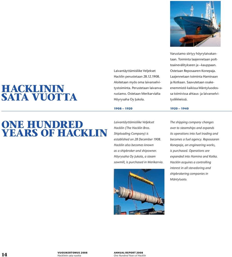 Laajennetaan toiminta Haminaan ja Kotkaan. Saavutetaan osakeenemmistö kaikissa Mäntyluodossa toimivissa ahtaus- ja laivanselvitysliikkeissä.