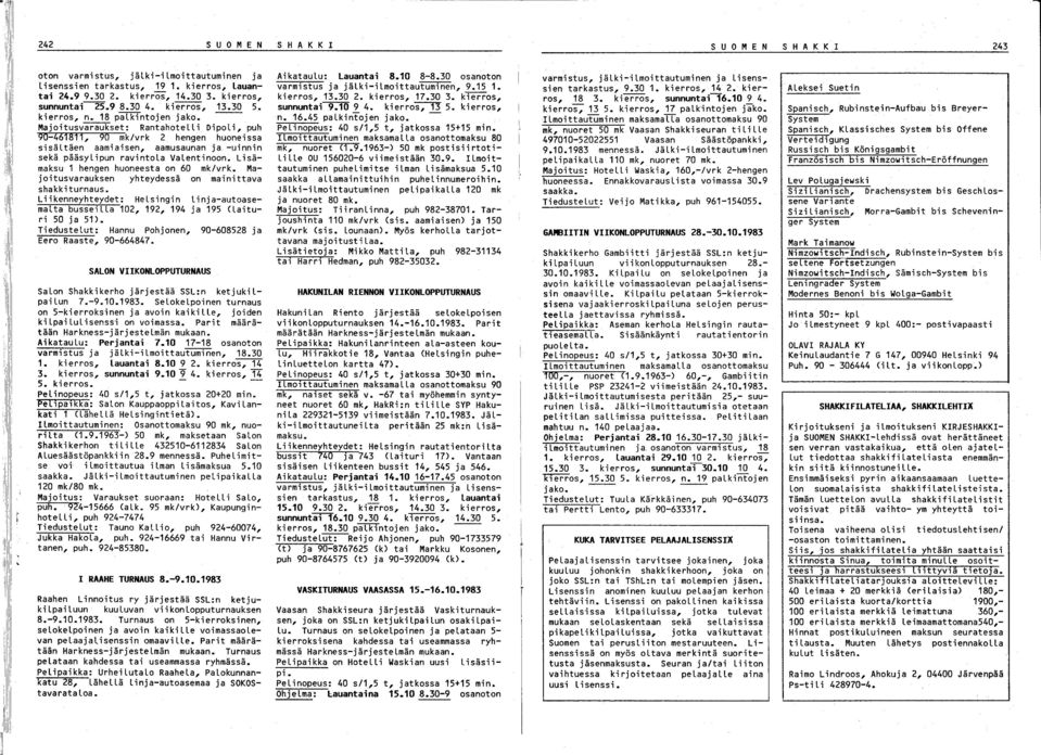 Majoitusvaraukset: Rantahotelli Dipoli, puh 90-468, 90 mk/vrk hengen huoneissa sisältäen aamlalsen, aamusaunan ja -uinnin sekä pääsylipun ravintola Valentinoon.