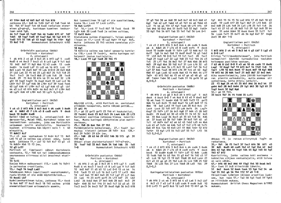 44 Te7 Txa4 45 Txd7 Tb4 46 Txd6+ Kf5 47 Td7 Txb5 48 Txg7 Txd5 49 Txa7 Kg4 50 Ta Kf 5 Txd Tf5 5 Td6 g5 5 hxg5 Txg5 54 Tf6+ Kg 55 Ke -0 Huomautukset Sehaeknytt 4/8 Grunfeldin puolustus (D64b) Portiseh