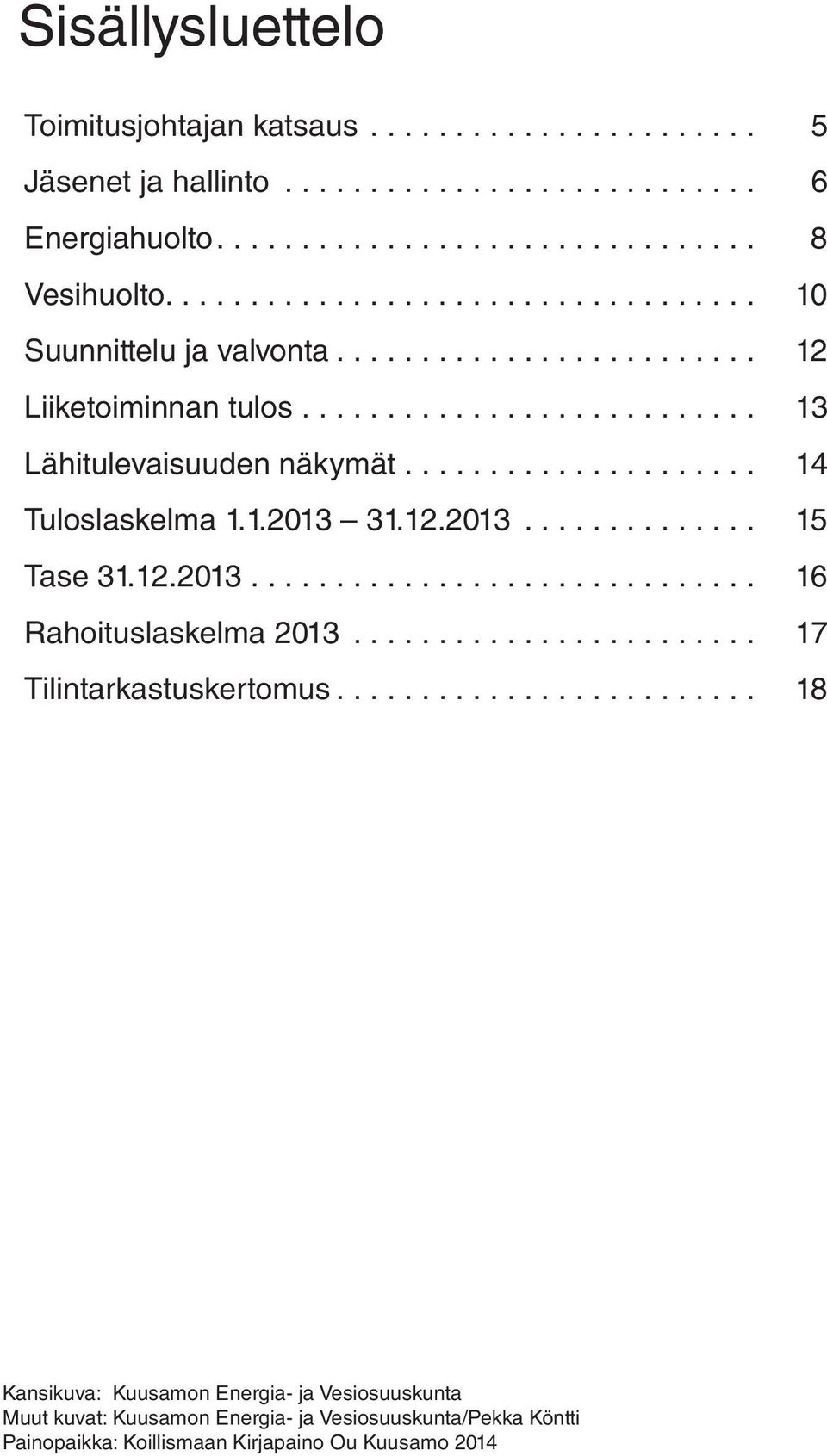 .................... 14 Tuloslaskelma 1.1.2013 31.12.2013.............. 15 Tase 31.12.2013.............................. 16 Rahoituslaskelma 2013........................ 17 Tilintarkastuskertomus.