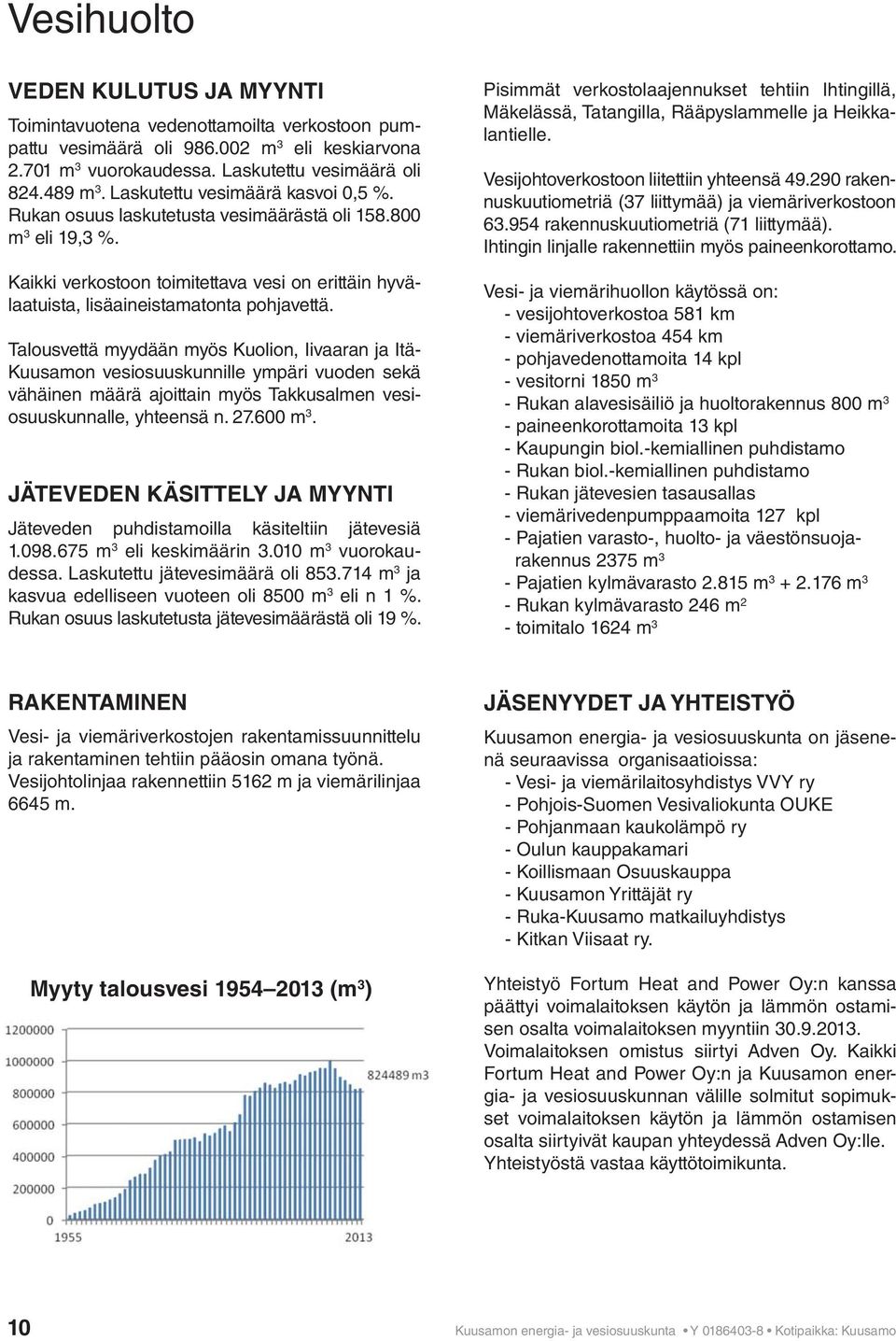 Talousvettä myydään myös Kuolion, Iivaaran ja Itä- Kuusamon vesiosuuskunnille ympäri vuoden sekä vähäinen määrä ajoittain myös Takkusalmen vesiosuuskunnalle, yhteensä n. 27.600 m 3.