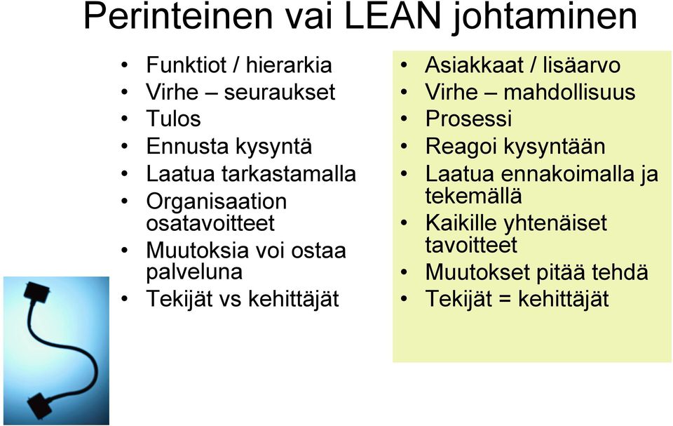 kehittäjät Asiakkaat / lisäarvo Virhe mahdollisuus Prosessi Reagoi kysyntään Laatua