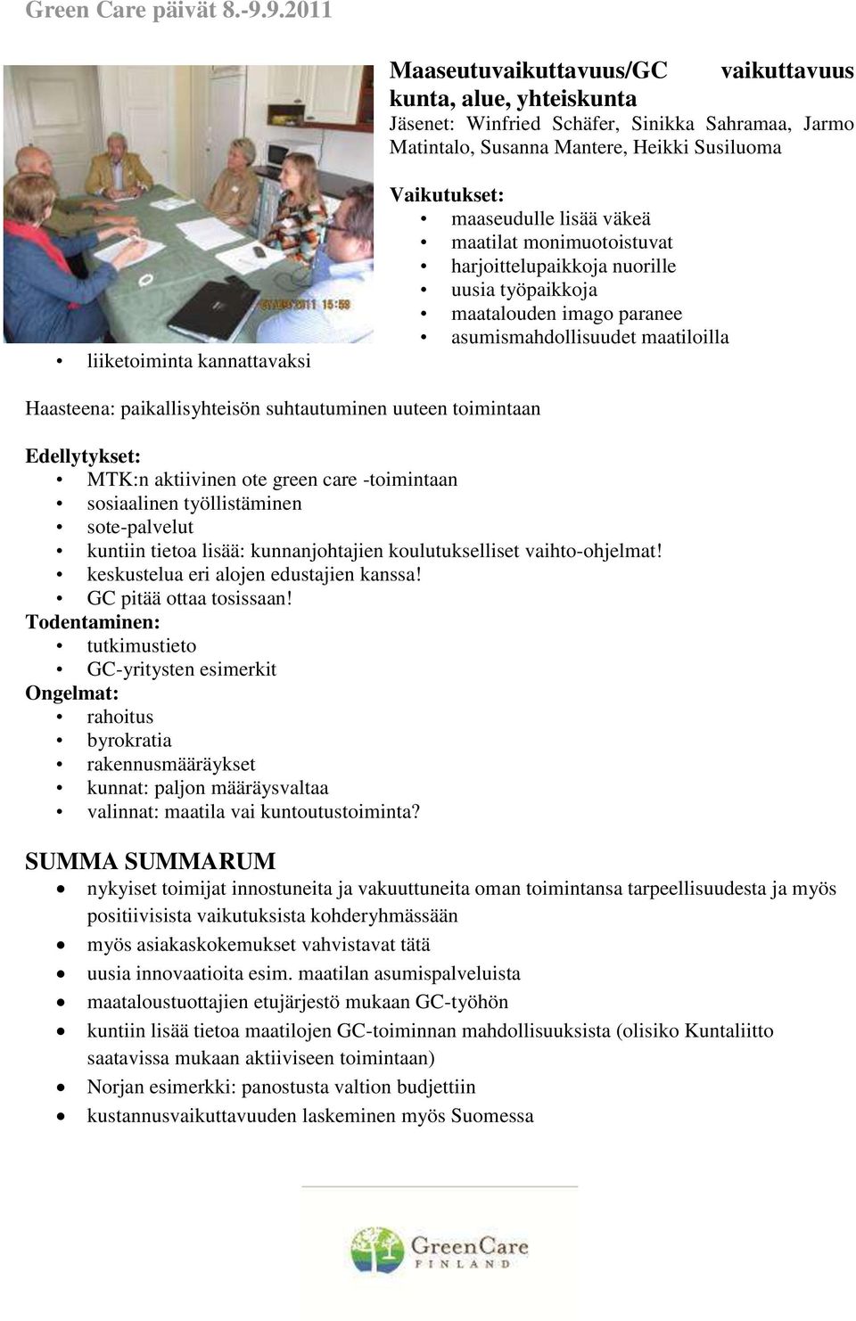 uuteen toimintaan Edellytykset: MTK:n aktiivinen ote green care -toimintaan sosiaalinen työllistäminen sote-palvelut kuntiin tietoa lisää: kunnanjohtajien koulutukselliset vaihto-ohjelmat!