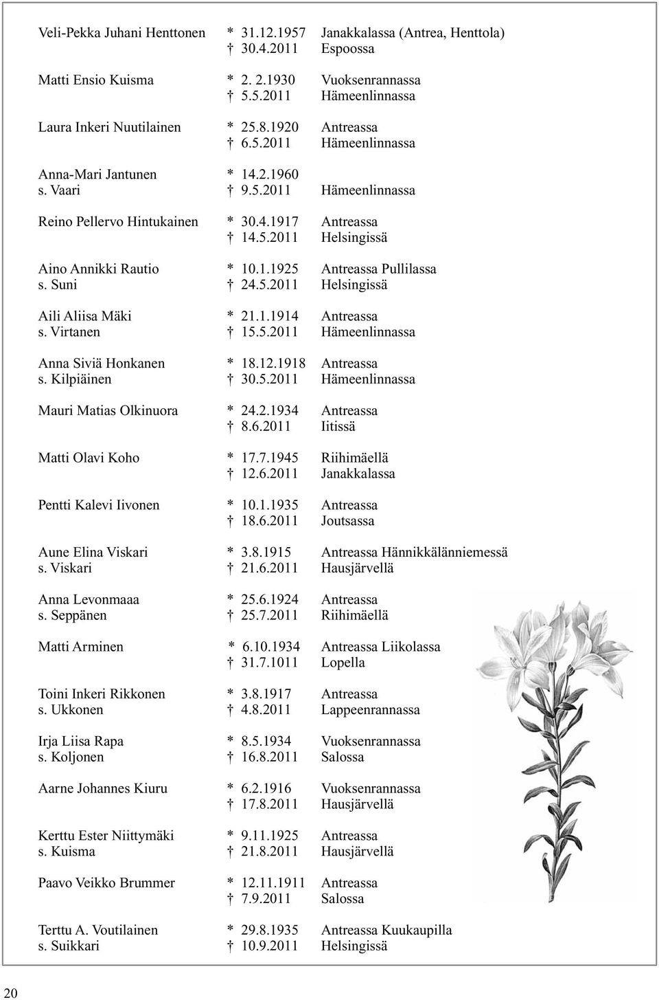 1.1925 Antreassa Pullilassa s. Suni 24.5.2011 Helsingissä Aili Aliisa Mäki * 21.1.1914 Antreassa s. Virtanen 15.5.2011 Hämeenlinnassa Anna Siviä Honkanen * 18.12.1918 Antreassa s. Kilpiäinen 30.5.2011 Hämeenlinnassa Mauri Matias Olkinuora * 24.