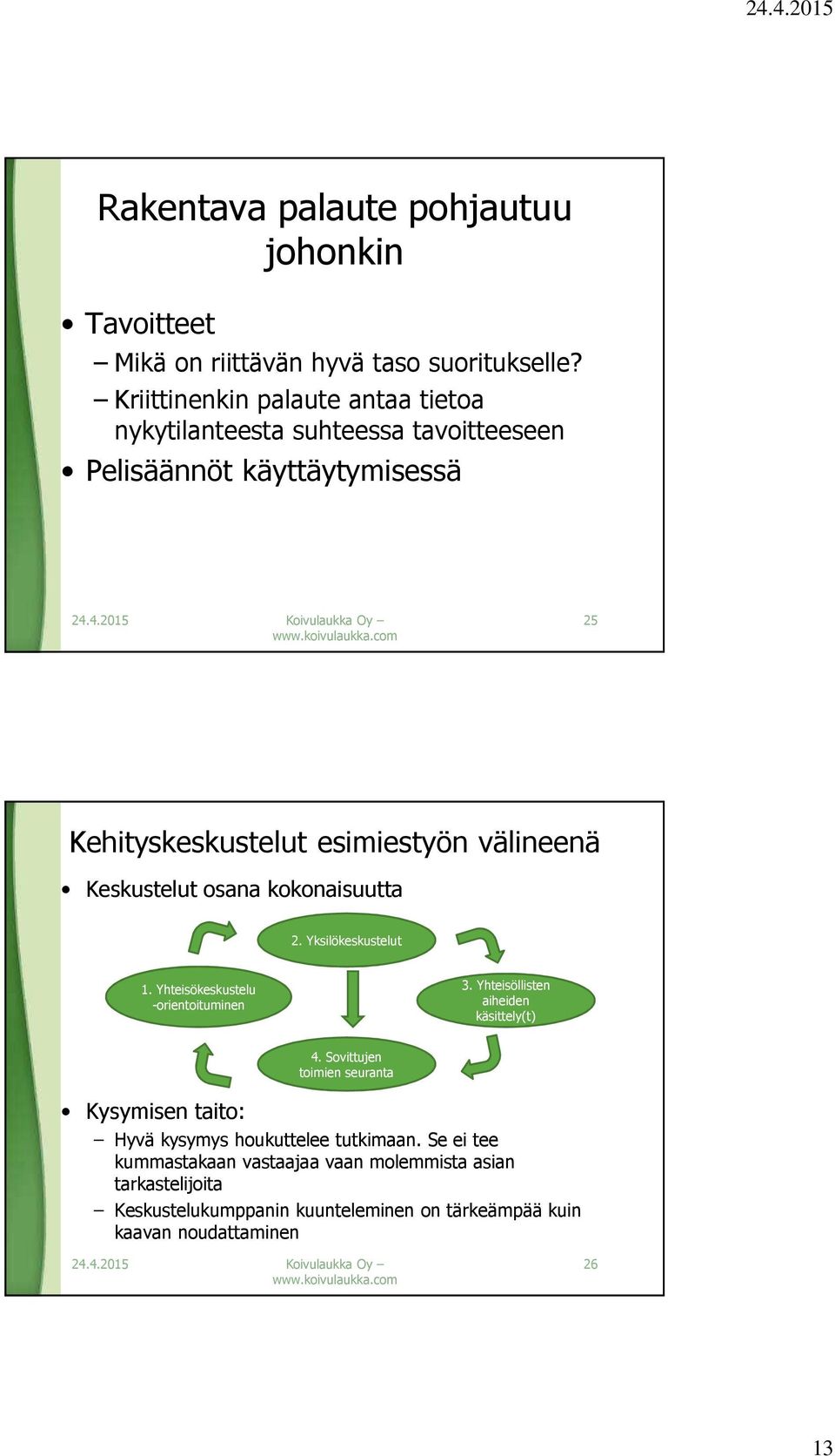 Keskustelut osana kokonaisuutta 2. Yksilökeskustelut 1. Yhteisökeskustelu -orientoituminen 3. Yhteisöllisten aiheiden käsittely(t) Kysymisen taito: 4.