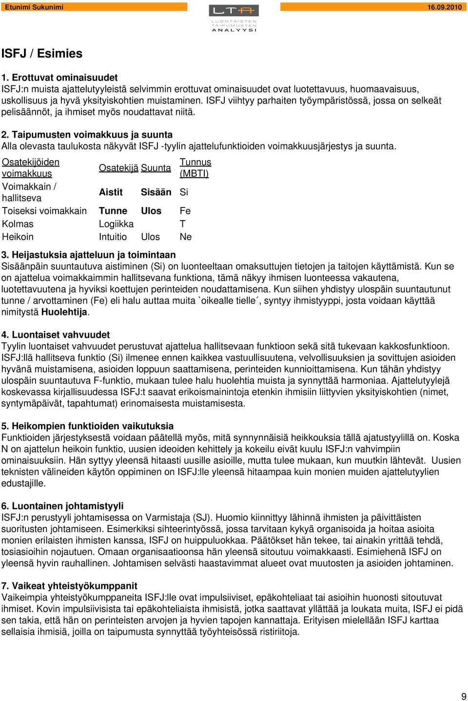 Taipumusten voimakkuus ja suunta Alla olevasta taulukosta näkyvät ISFJ -tyylin ajattelufunktioiden voimakkuusjärjestys ja suunta.