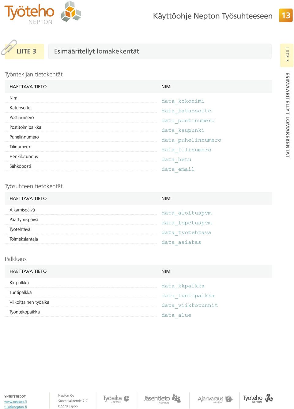 data_email Liite 3 Esimääritellyt lomakekentät Työsuhteen tietokentät Haettava tieto Alkamispäivä Päättymispäivä Työtehtävä Toimeksiantaja nimi data_aloituspvm