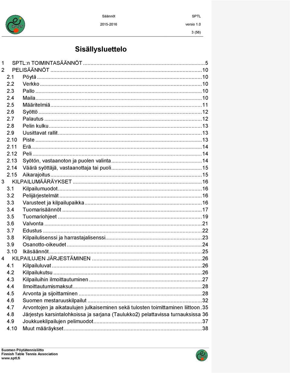 .. 15 3 KILPAILUMÄÄRÄYKSET... 16 3.1 Kilpailumuodot... 16 3.2 Pelijärjestelmät... 16 3.3 Varusteet ja kilpailupaikka... 16 3.4 Tuomarisäännöt... 17 3.5 Tuomariohjeet... 19 3.6 Valvonta... 21 3.