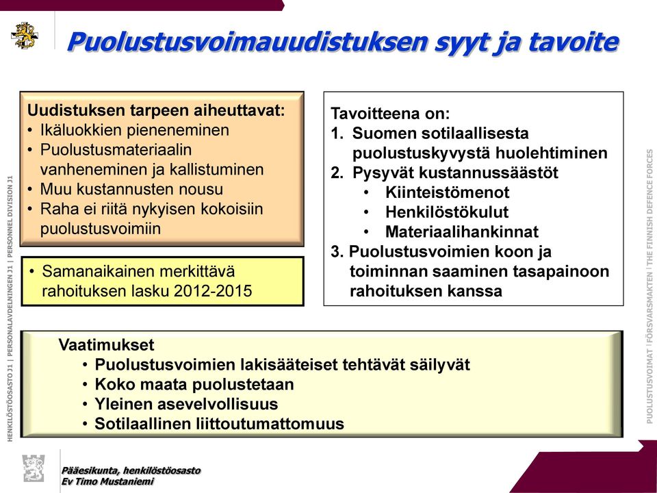 Suomen sotilaallisesta puolustuskyvystä huolehtiminen 2. Pysyvät kustannussäästöt Kiinteistömenot Henkilöstökulut Materiaalihankinnat 3.