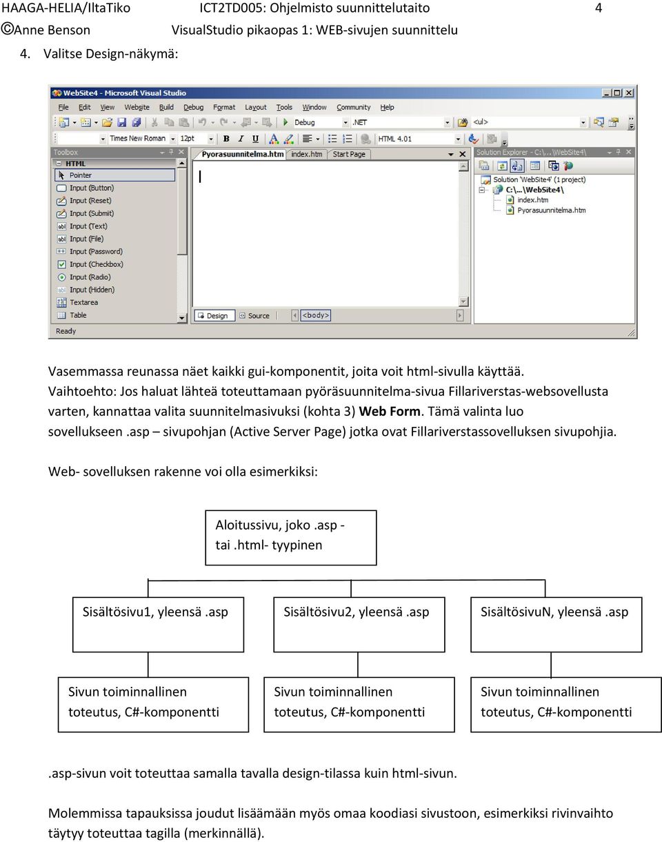 asp sivupohjan (Active Server Page) jotka ovat Fillariverstassovelluksen sivupohjia. Web sovelluksen rakenne voi olla esimerkiksi: Aloitussivu, joko.asp tai.html tyypinen Sisältösivu1, yleensä.