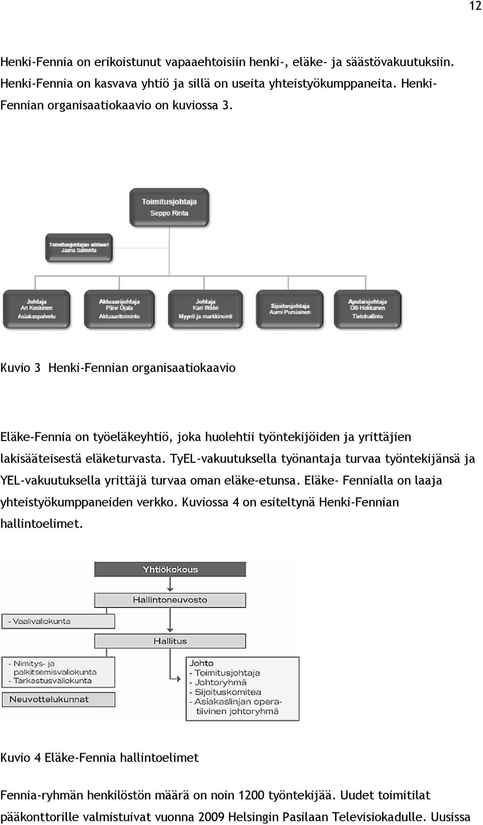 Kuvio 3 Henki-Fennian organisaatiokaavio Eläke-Fennia on työeläkeyhtiö, joka huolehtii työntekijöiden ja yrittäjien lakisääteisestä eläketurvasta.