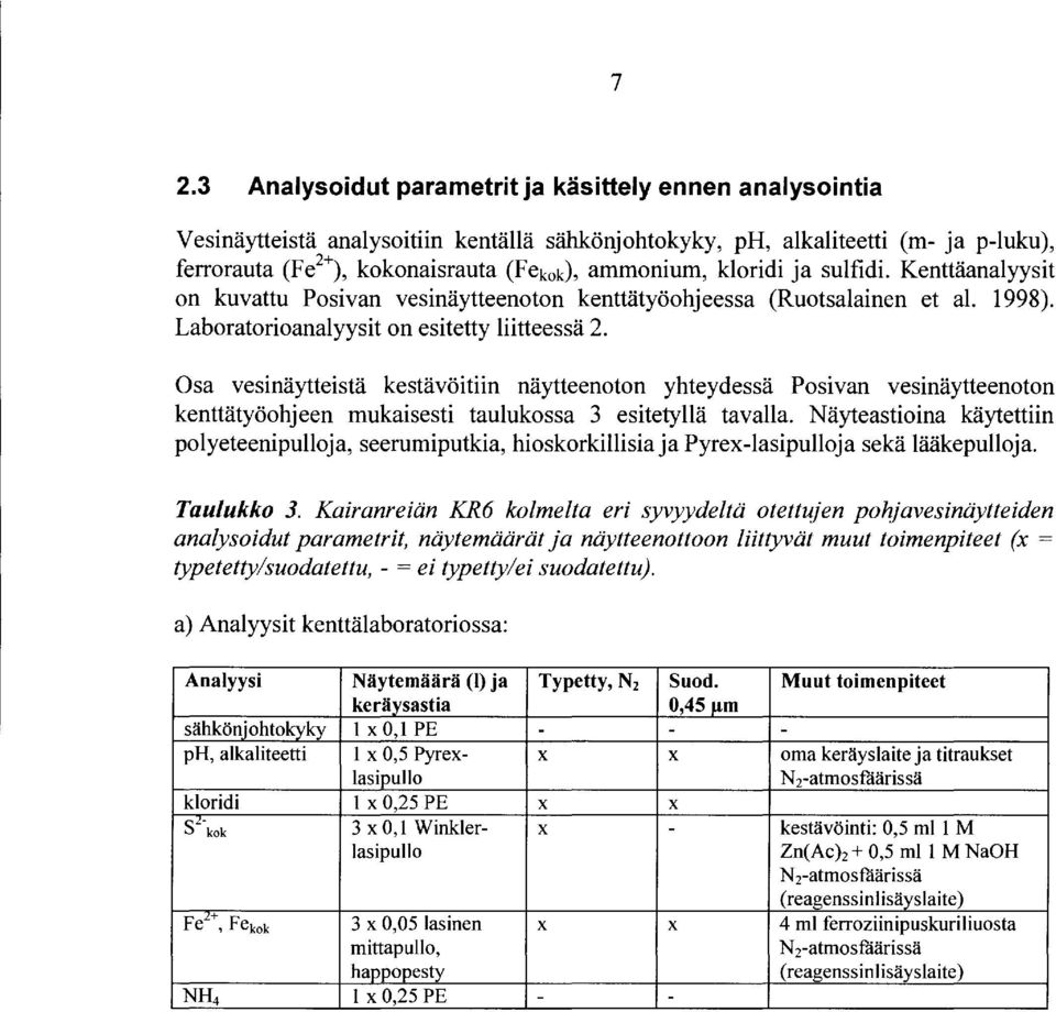 Osa vesinäytteistä kestävöitiin näytteenoton yhteydessä Posivan vesinäytteenoton kenttätyöohjeen mukaisesti taulukossa 3 esitetyllä tavalla.