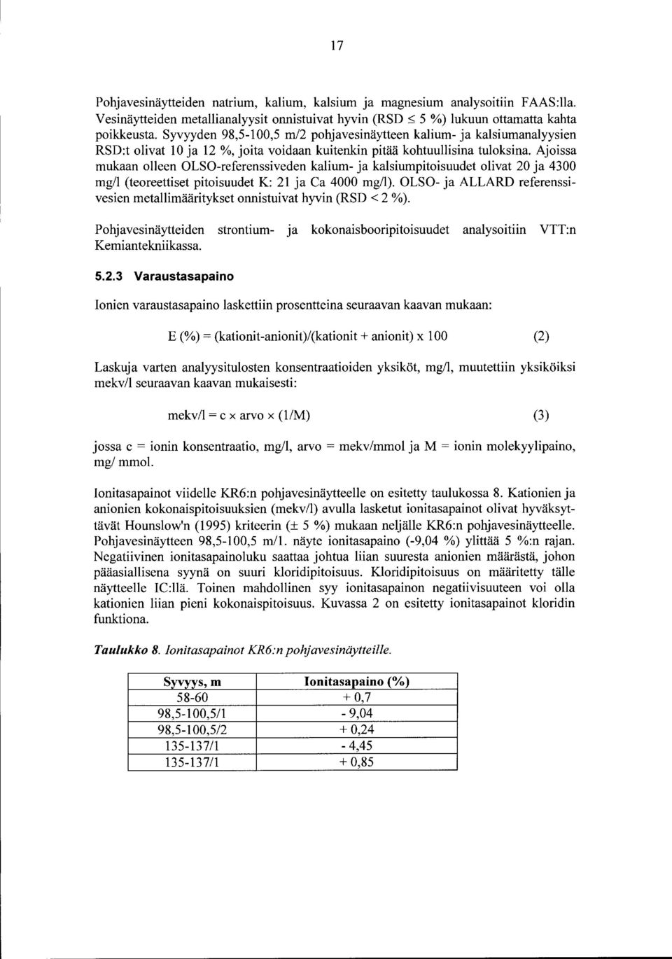 Ajoissa mukaan olleen OLSO-referenssiveden kalium- ja kalsiumpitoisuudet olivat 2 ja 43 mg/ (teoreettiset pitoisuudet K: 2 ja Ca 4 mg/).