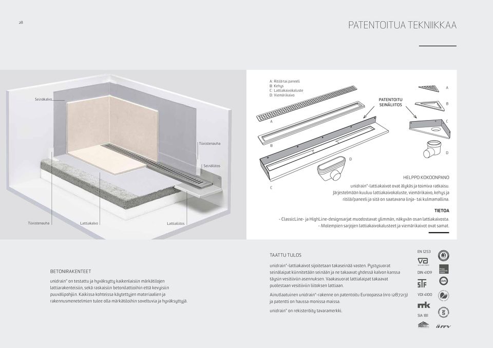 TIETOA Tiivistenauha Lattiakalvo Lattialiitos - ClassicLine- ja HighLine-designsarjat muodostavat ylimmän, näkyvän osan lattiakaivosta.