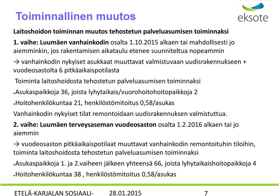 pitkäaikaispotilasta Toiminta laitoshoidosta tehostetun palveluasumisen toiminnaksi Asukaspaikkoja 36, joista lyhytaikais/vuorohoitohoitopaikkoja 2 Hoitohenkilökuntaa 21, henkilöstömitoitus