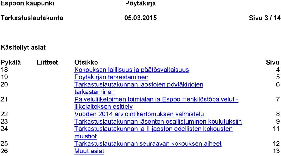 Tarkastuslautakunnan jaostojen pöytäkirjojen 6 tarkastaminen 21 Palveluliiketoimen toimialan ja Espoo Henkilöstöpalvelut - 7 liikelaitoksen esittely