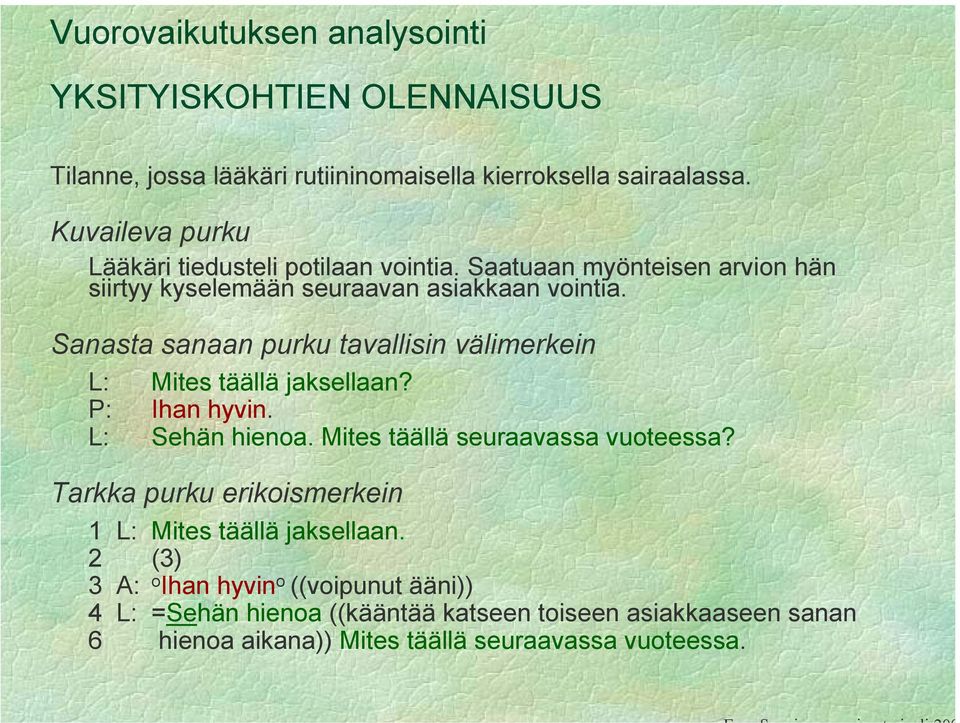 Sanasta sanaan purku tavallisin välimerkein L: Mites täällä jaksellaan? P: Ihan hyvin. L: Sehän hienoa. Mites täällä seuraavassa vuoteessa?