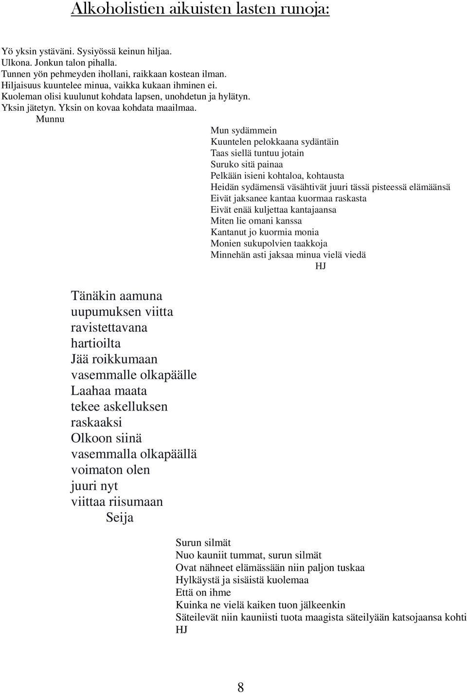 Munnu Mun sydämmein Kuuntelen pelokkaana sydäntäin Taas siellä tuntuu jotain Suruko sitä painaa Pelkään isieni kohtaloa, kohtausta Heidän sydämensä väsähtivät juuri tässä pisteessä elämäänsä Eivät