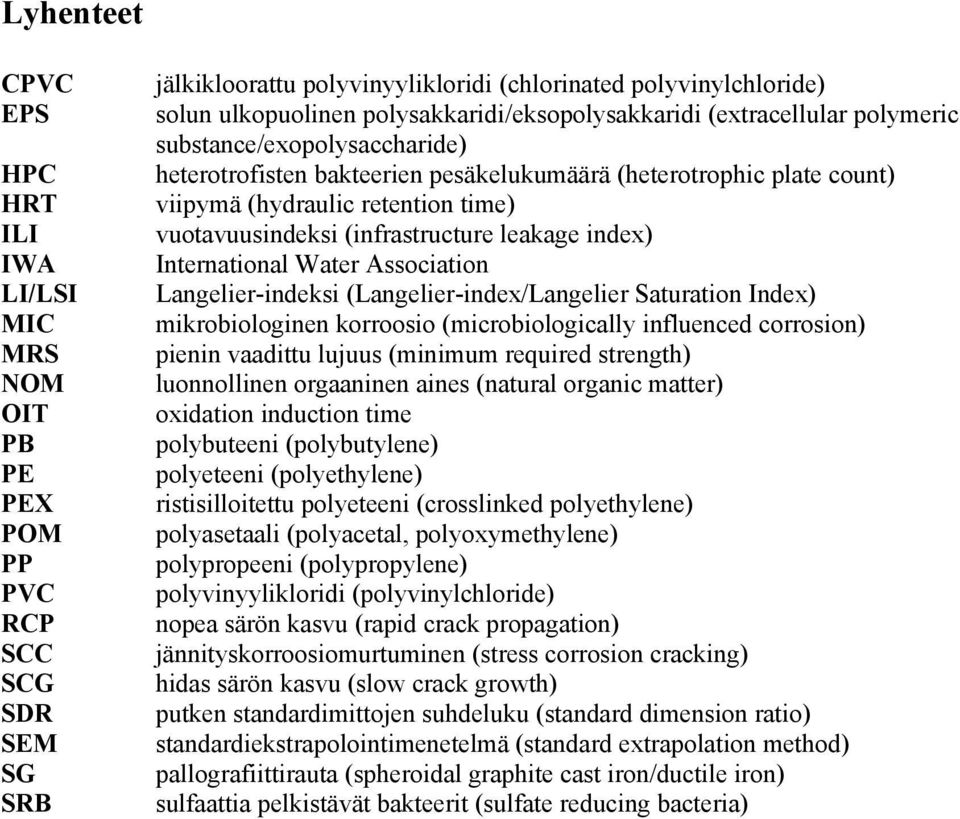 vuotavuusindeksi (infrastructure leakage index) International Water Association Langelier-indeksi (Langelier-index/Langelier Saturation Index) mikrobiologinen korroosio (microbiologically influenced