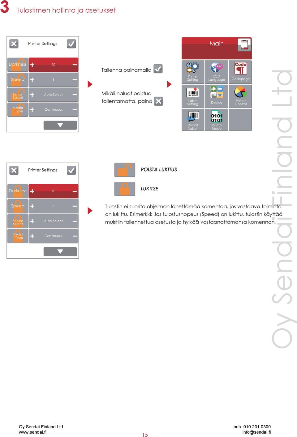 Setting Label Setting Recall Label LCD Language Device Dump Mode Codepage Printer Control Tulostin ei suorita ohjelman lähettämää komentoa, jos vastaava