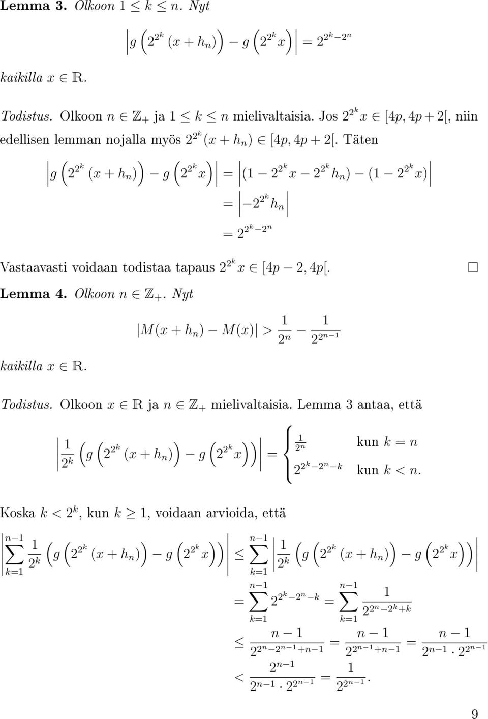Täten ( ) ( ( g 2 2k (x + h n ) g 2 x) 2k = 2 2 k x 2 2k h n ) ( 2 2k x) = 2 2k h n = 2 2k 2 n Vastaavasti voidaan todistaa tapaus 2 2k x [4p 2, 4p[. Lemma 4. Olkoon n Z +. Nyt kaikilla x R.