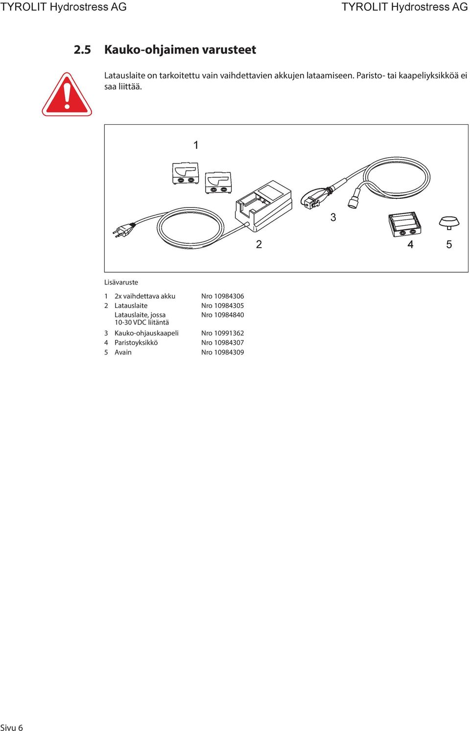 Lisävaruste 1 2x vaihdettava akku Nro 10984306 2 Latauslaite Nro 10984305 Latauslaite,