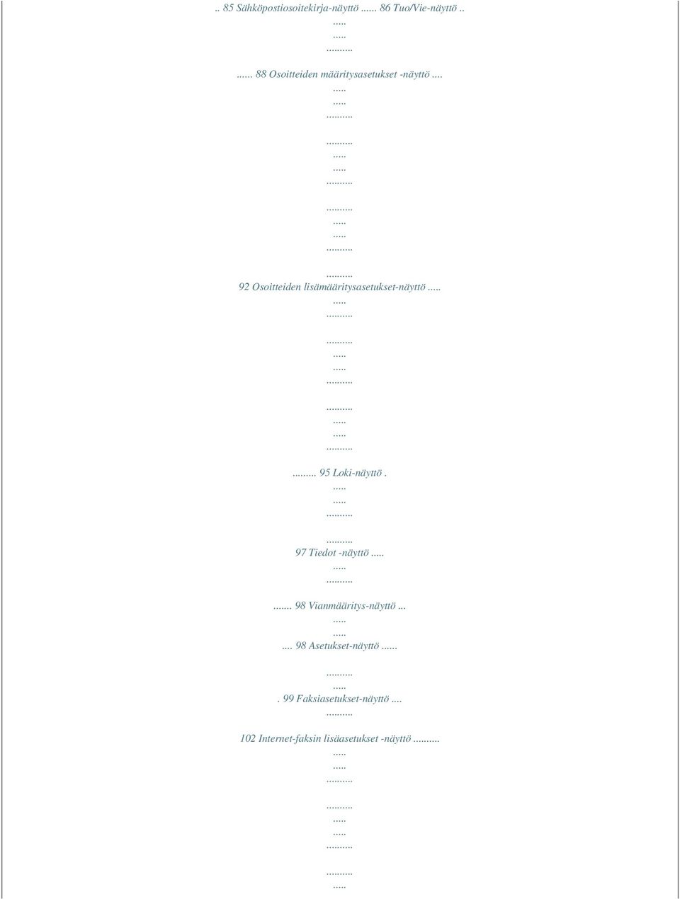 .. 92 Osoitteiden lisämääritysasetukset-näyttö... 95 Loki-näyttö.