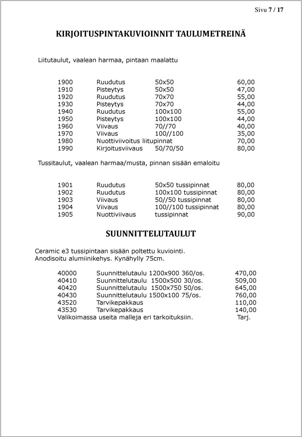 Tussitaulut, vaalean harmaa/musta, pinnan sisään emaloitu 1901 Ruudutus 50x50 tussipinnat 80,00 1902 Ruudutus 100x100 tussipinnat 80,00 1903 Viivaus 50//50 tussipinnat 80,00 1904 Viivaus 100//100