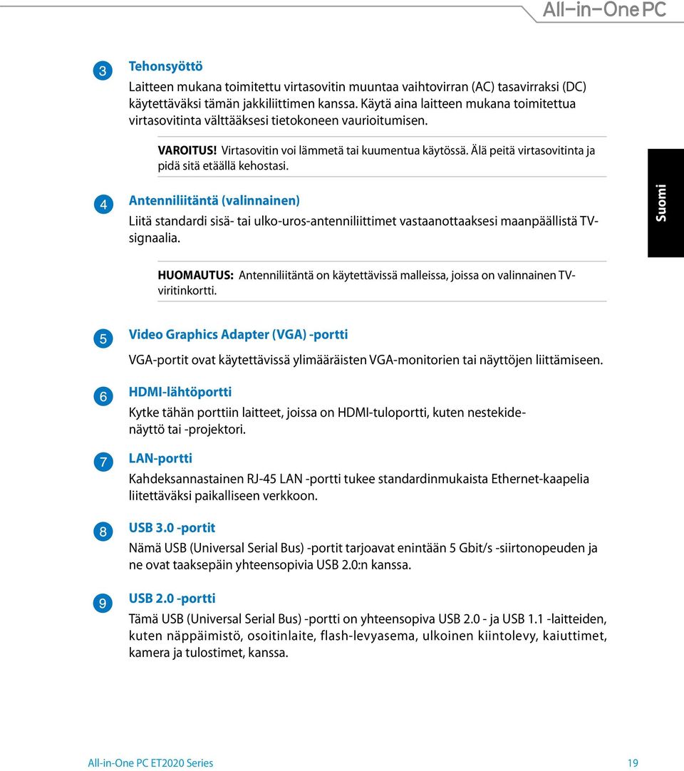 Älä peitä virtasovitinta ja pidä sitä etäällä kehostasi. Antenniliitäntä (valinnainen) Liitä standardi sisä- tai ulko-uros-antenniliittimet vastaanottaaksesi maanpäällistä TVsignaalia.