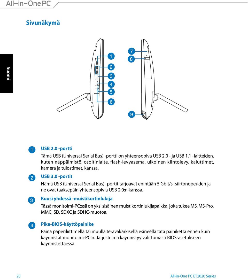 0 -portit Nämä USB (Universal Serial Bus) -portit tarjoavat enintään 5 Gbit/s -siirtonopeuden ja ne ovat taaksepäin yhteensopivia USB 2.0:n kanssa.