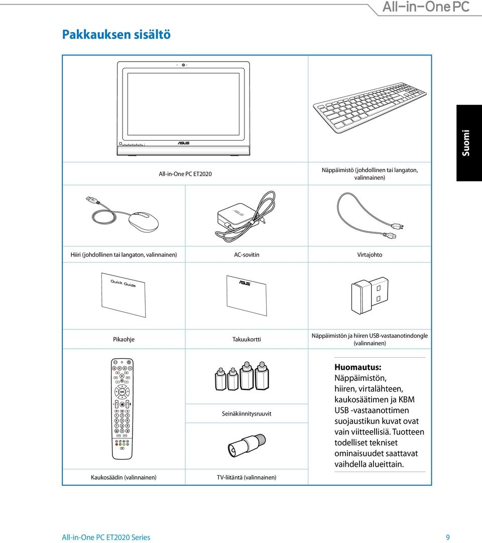 8 3 6 9 0 # Kaukosäädin (valinnainen) Seinäkiinnitysruuvit TV-liitäntä (valinnainen) Huomautus: Näppäimistön, hiiren, virtalähteen, kaukosäätimen ja KBM USB
