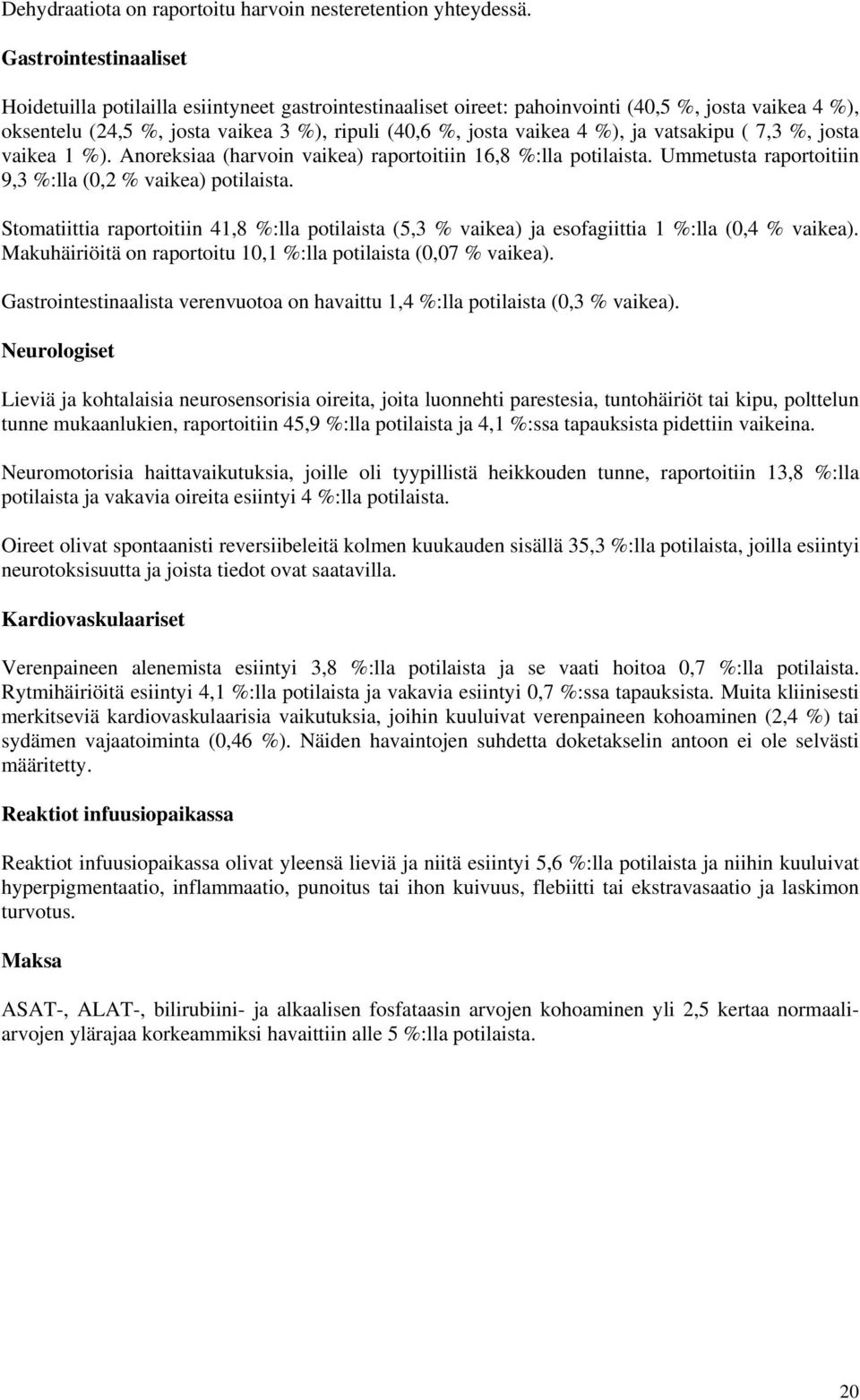 %), ja vatsakipu ( 7,3 %, josta vaikea 1 %). Anoreksiaa (harvoin vaikea) raportoitiin 16,8 %:lla potilaista. Ummetusta raportoitiin 9,3 %:lla (0,2 % vaikea) potilaista.