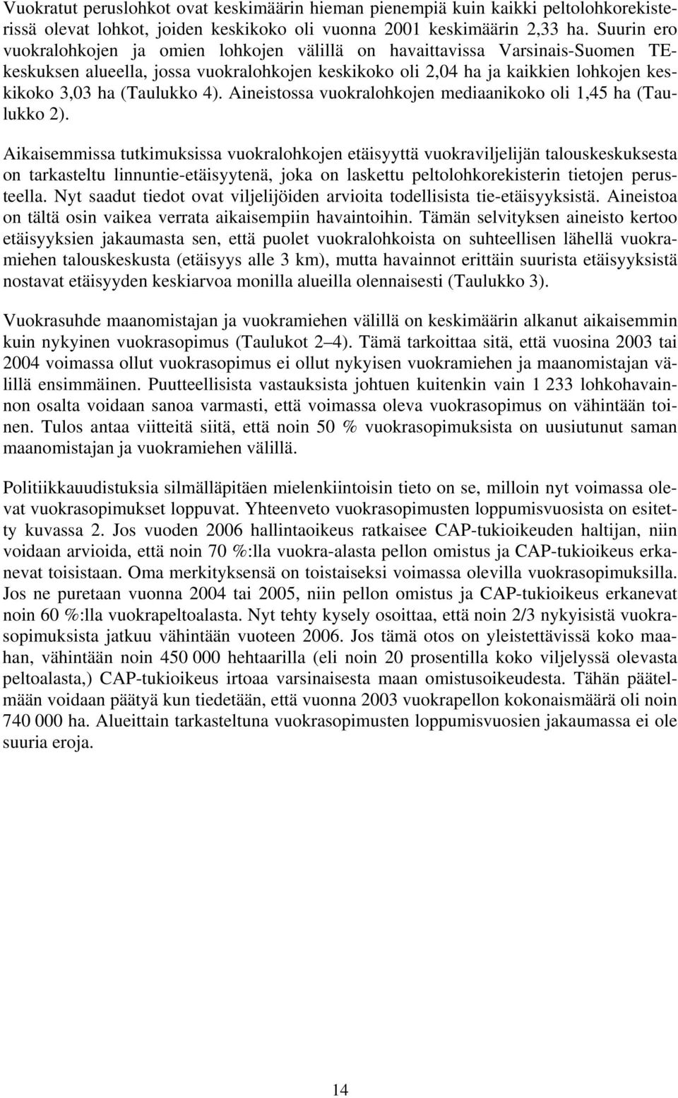 4). Aineistossa vuokralohkojen mediaanikoko oli 1,45 ha (Taulukko 2).