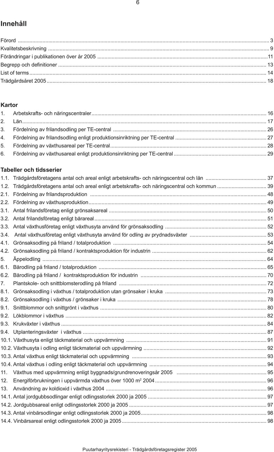 Fördelning av växthusareal per TE-central... 28 6. Fördelning av växthusareal enligt produktionsinriktning per TE-central... 29 Tabeller och tidsserier 1.