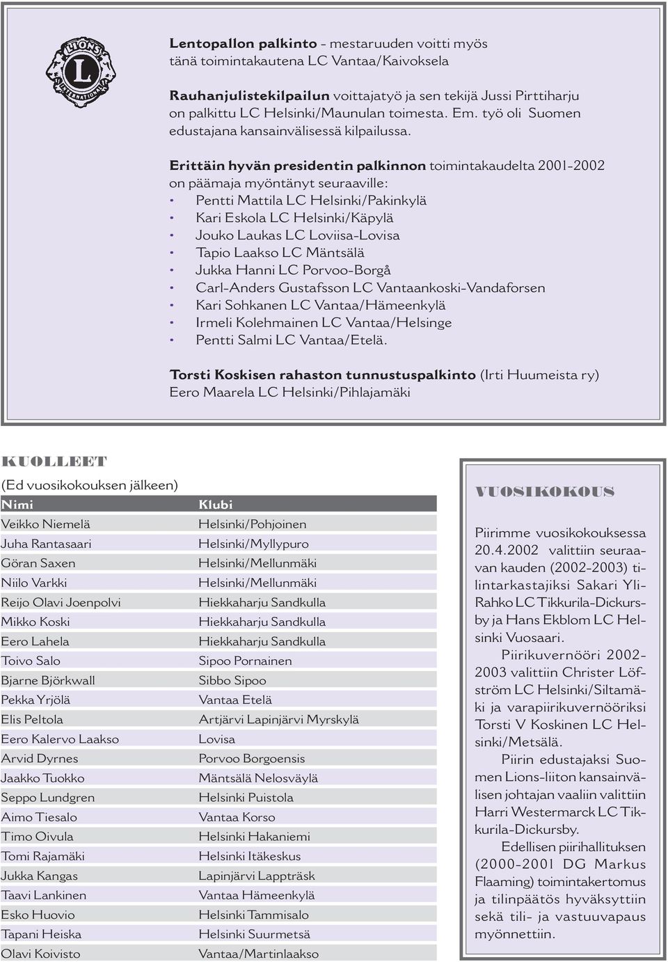 Erittäin hyvän presidentin palkinnon toimintakaudelta 2001-2002 on päämaja myöntänyt seuraaville: Pentti Mattila LC Helsinki/Pakinkylä Kari Eskola LC Helsinki/Käpylä Jouko Laukas LC Loviisa-Lovisa