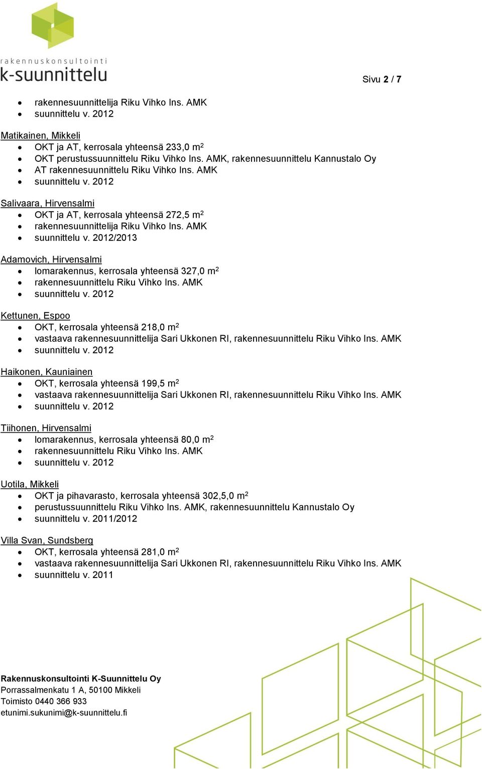 AMK /2013 Adamovich, Hirvensalmi lomarakennus, kerrosala yhteensä 327,0 m 2 Kettunen, Espoo OKT, kerrosala yhteensä 218,0 m 2 Haikonen, Kauniainen OKT, kerrosala yhteensä 199,5 m 2 Tiihonen,