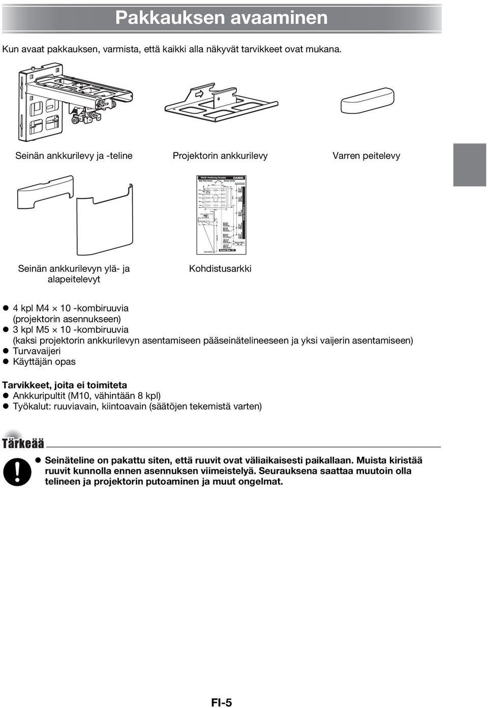 -kombiruuvia (kaksi projektorin ankkurilevyn asentamiseen pääseinätelineeseen ja yksi vaijerin asentamiseen) Turvavaijeri Käyttäjän opas Tarvikkeet, joita ei toimiteta Ankkuripultit (M10, vähintään 8