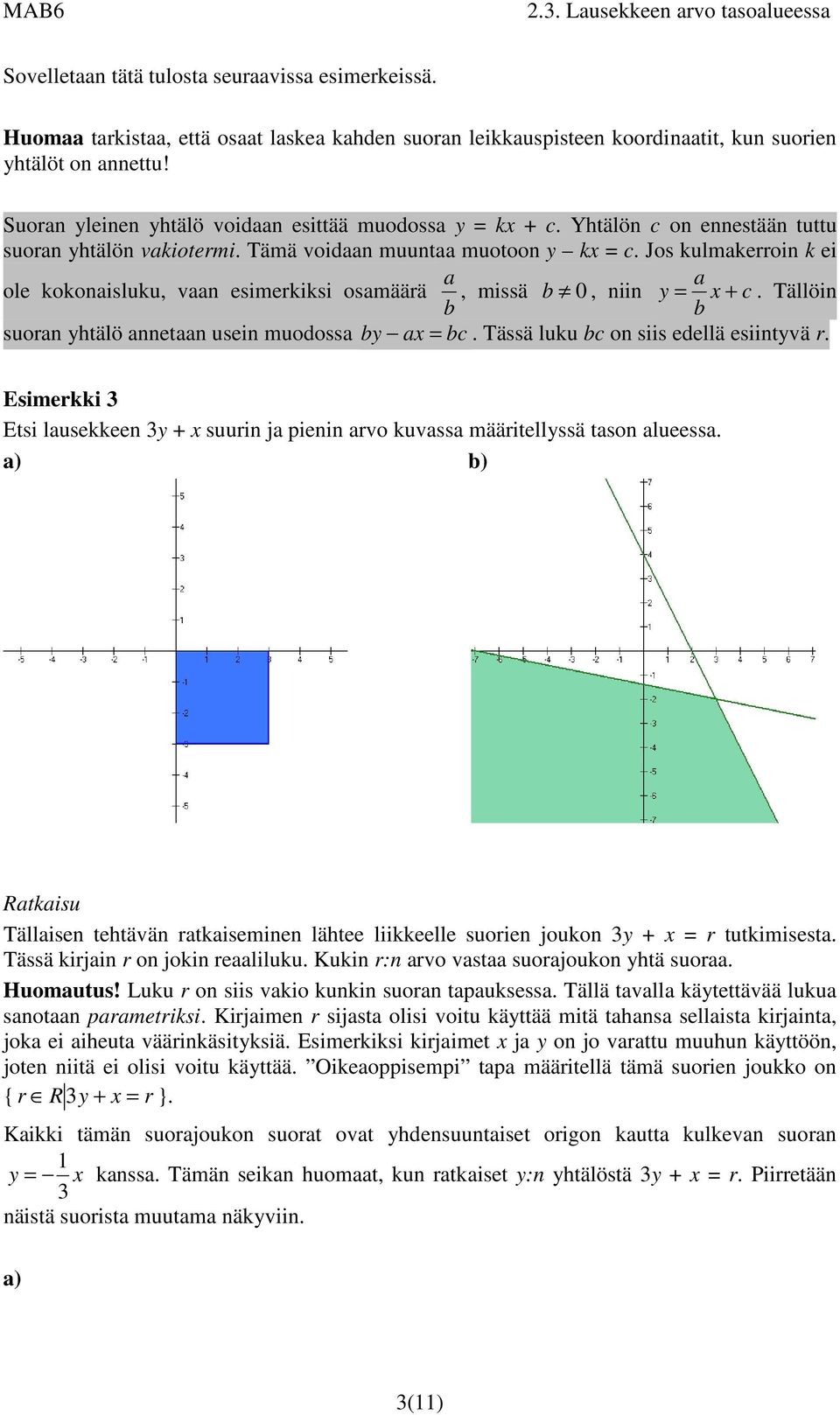 Jos kulmakerroin k ei a a ole kokonaisluku, vaan esimerkiksi osamäärä, missä b 0, niin y = x + c. Tällöin b b suoran yhtälö annetaan usein muodossa by ax = bc.
