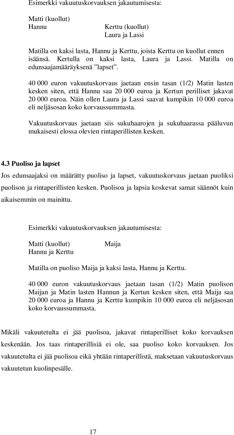 40 000 euron vakuutuskorvaus jaetaan ensin tasan (1/2) Matin lasten kesken siten, että Hannu saa 20 000 euroa ja Kertun perilliset jakavat 20 000 euroa.