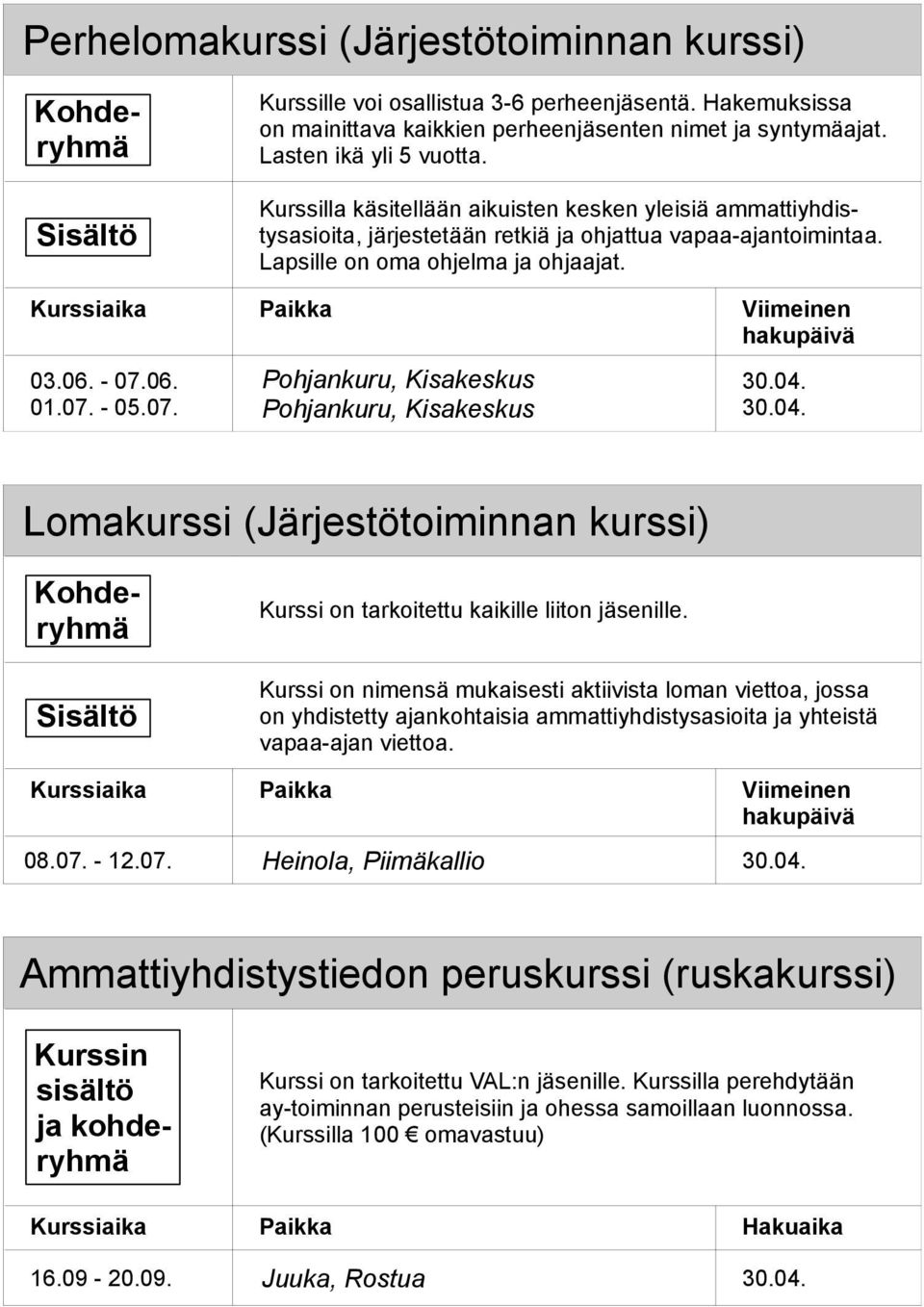 Kurssiaika Paikka Viimeinen hakupäivä 03.06. - 07.06. 01.07. - 05.07. Pohjankuru, Kisakeskus Pohjankuru, Kisakeskus 30.04.