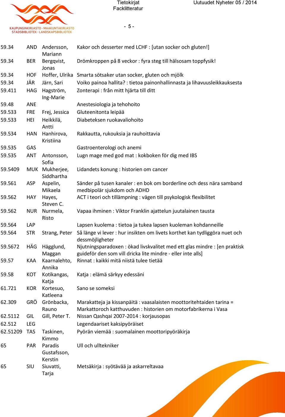 411 HAG Hagström, Zonterapi : från mitt hjärta till ditt Ing-Marie 59.48 ANE Anestesiologia ja tehohoito 59.533 FRE Frej, Jessica Gluteenitonta leipää 59.