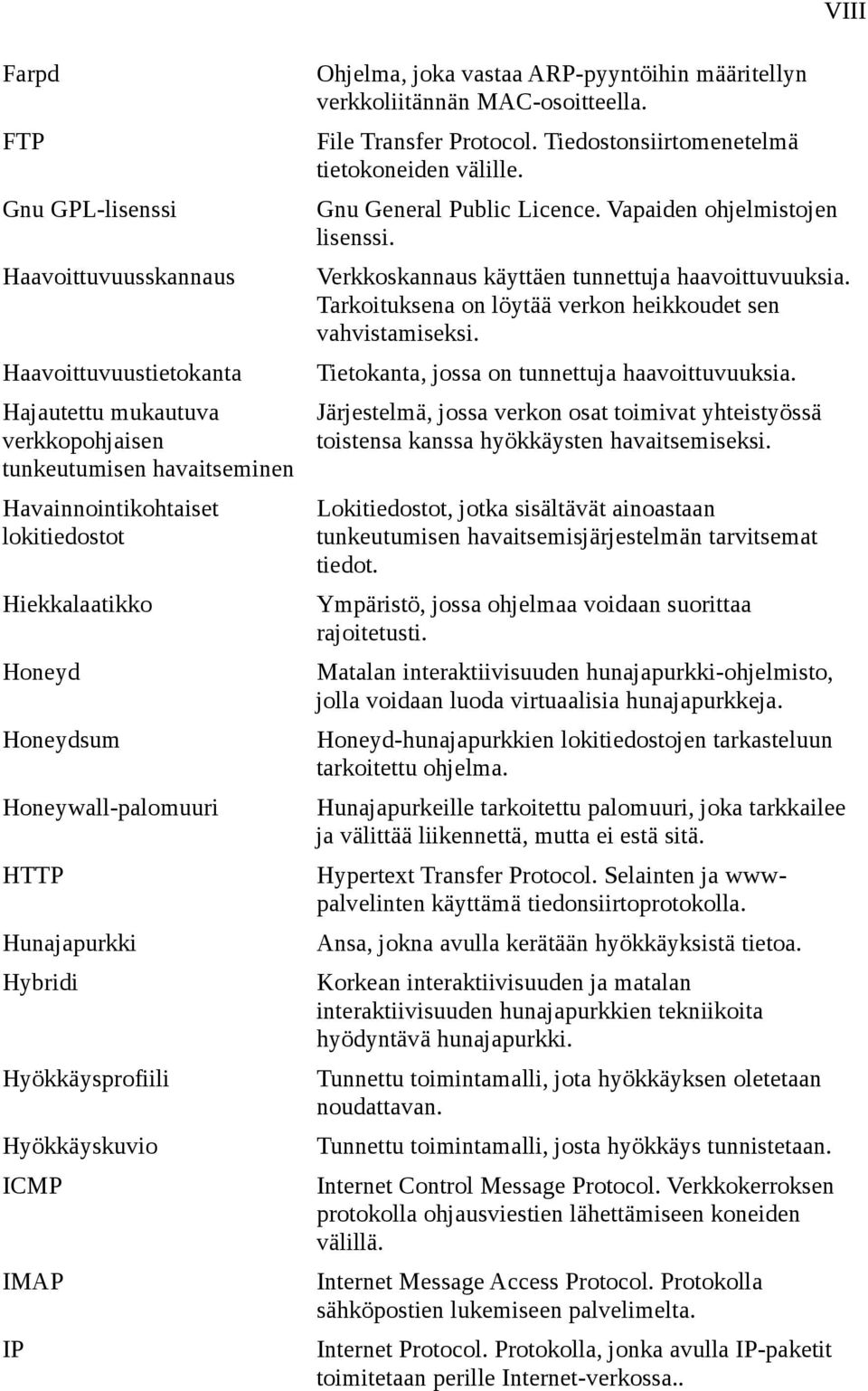 File Transfer Protocol. Tiedostonsiirtomenetelmä tietokoneiden välille. Gnu General Public Licence. Vapaiden ohjelmistojen lisenssi. Verkkoskannaus käyttäen tunnettuja haavoittuvuuksia.