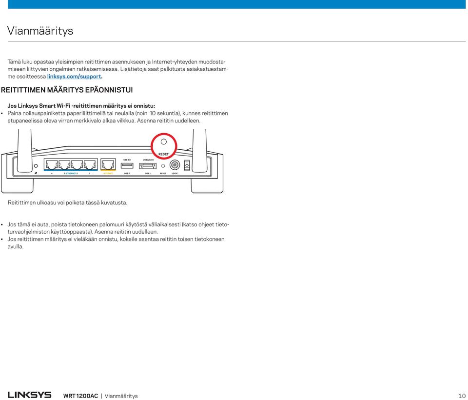 REITITTIMEN MÄÄRITYS EPÄONNISTUI Jos Linksys Smart Wi-Fi -reitittimen määritys ei onnistu: Paina nollauspainiketta paperiliittimellä tai neulalla (noin 10 sekuntia), kunnes reitittimen etupaneelissa