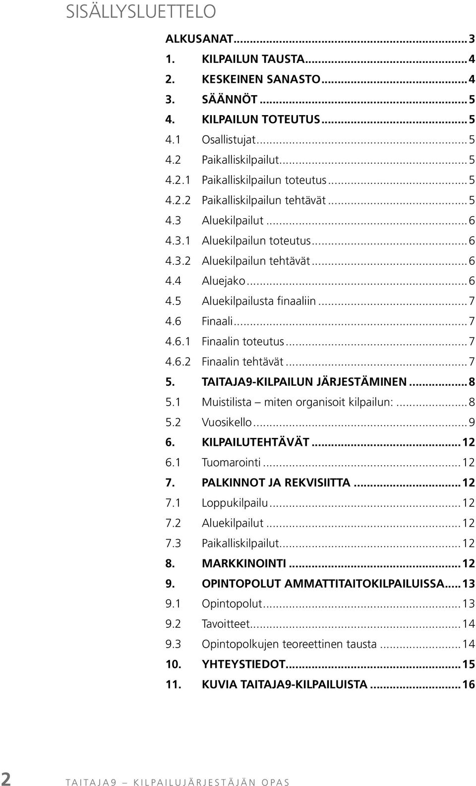 ..7 4.6.2 Finaalin tehtävät...7 5. TAITAJA9-KILPAILUN JÄRJESTÄMINEN...8 5.1 Muistilista miten organisoit kilpailun:...8 5.2 Vuosikello...9 6. KILPAILUTEHTÄVÄT...12 6.1 Tuomarointi...12 7.