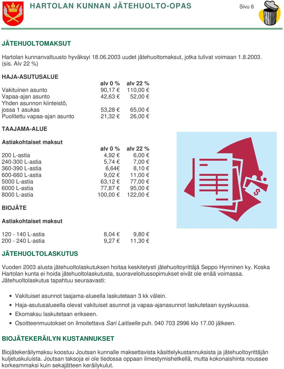 TAAJAMA-ALUE Astiakohtaiset maksut alv 0 % alv 22 % 200 L-astia 4,92 6,00 240-300 L-astia 5,74 7,00 360-390 L-astia 6,64 8,10 600-660 L-astia 9,02 11,00 5000 L-astia 63,12 77,00 6000 L-astia 77,87