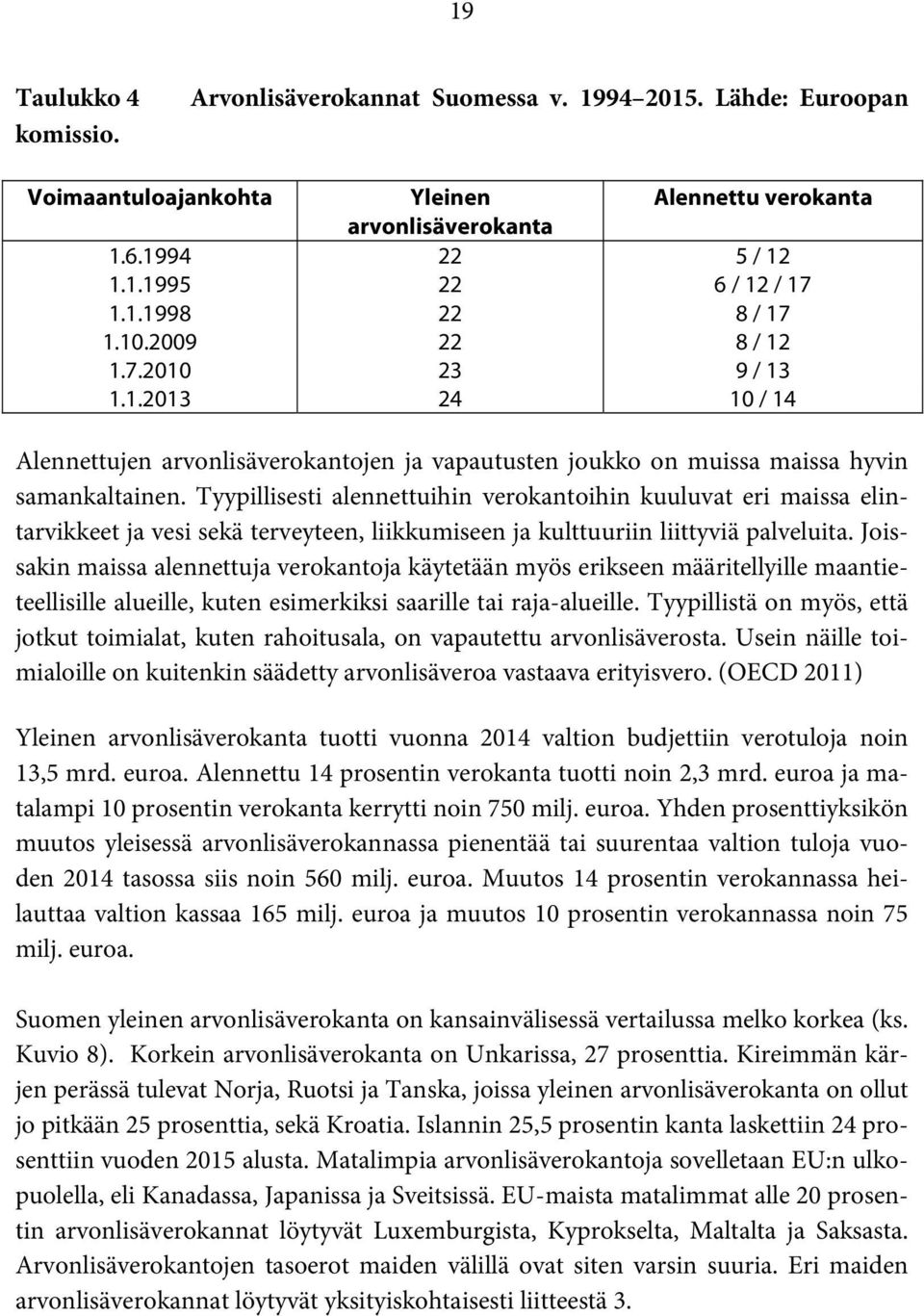 Tyypillisesti alennettuihin verokantoihin kuuluvat eri maissa elintarvikkeet ja vesi sekä terveyteen, liikkumiseen ja kulttuuriin liittyviä palveluita.