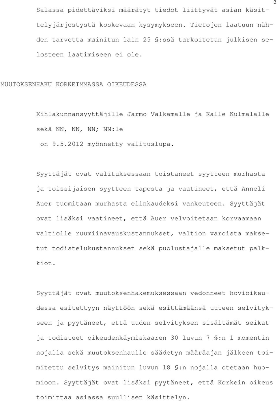 MUUTOKSENHAKU KORKEIMMASSA OIKEUDESSA Kihlakunnansyyttäjille Jarmo Valkamalle ja Kalle Kulmalalle sekä NN, NN, NN; NN:le on 9.5.2012 myönnetty valituslupa.