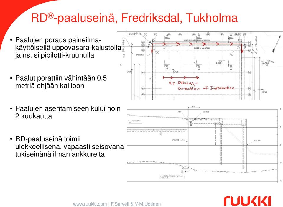 5 metriä ehjään kallioon Paalujen asentamiseen kului noin 2 kuukautta RD-paaluseinä