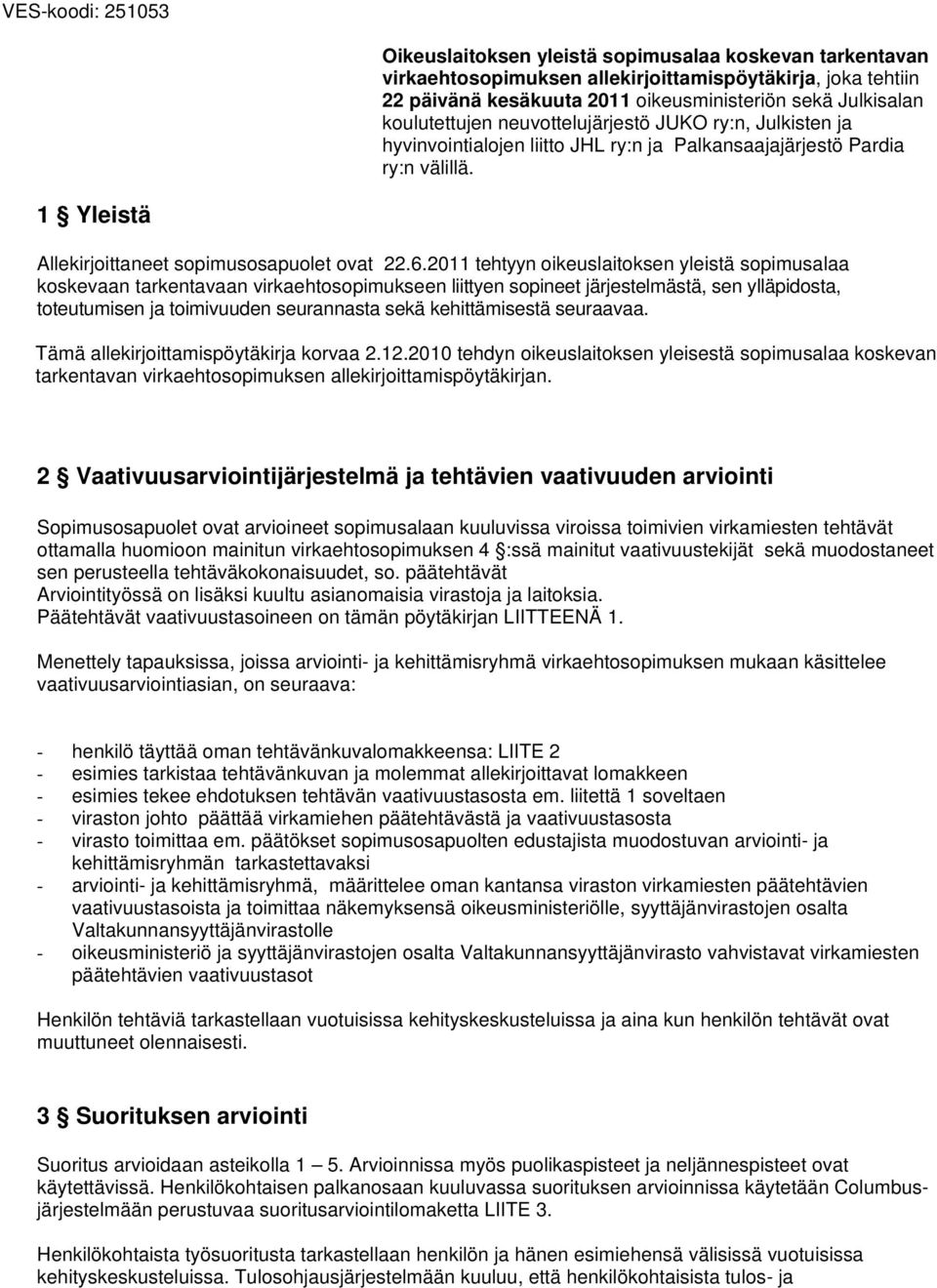 2011 tehtyyn oikeuslaitoksen yleistä sopimusalaa koskevaan tarkentavaan virkaehtosopimukseen liittyen sopineet järjestelmästä, sen ylläpidosta, toteutumisen ja toimivuuden seurannasta sekä