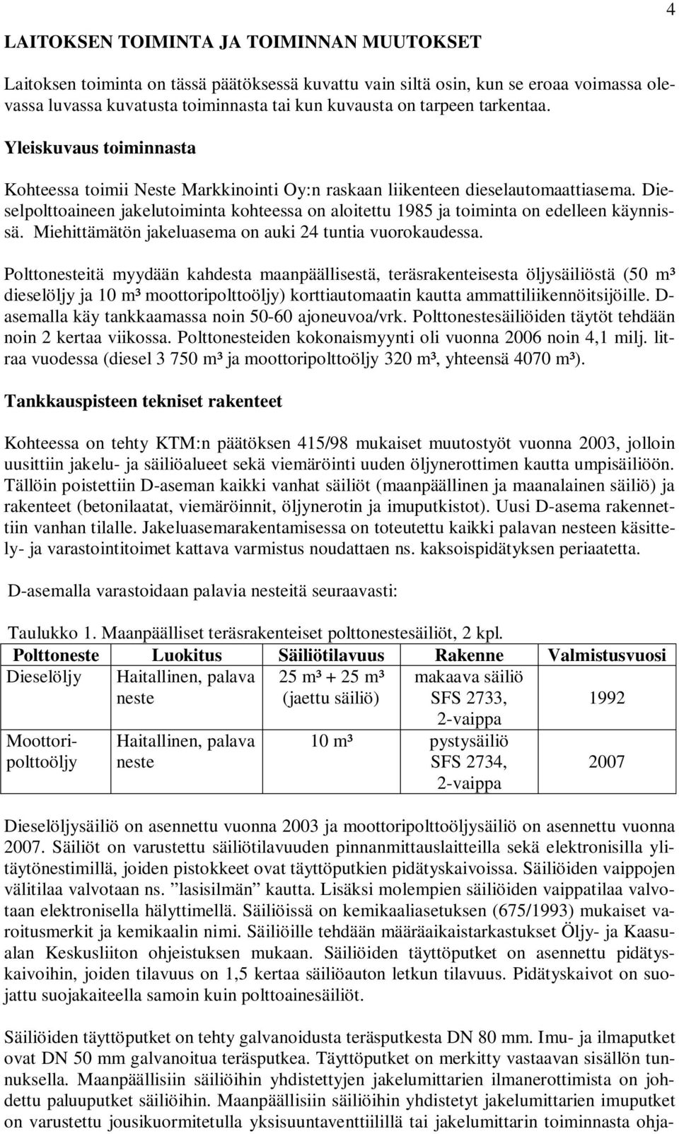 Dieselpolttoaineen jakelutoiminta kohteessa on aloitettu 1985 ja toiminta on edelleen käynnissä. Miehittämätön jakeluasema on auki 24 tuntia vuorokaudessa.